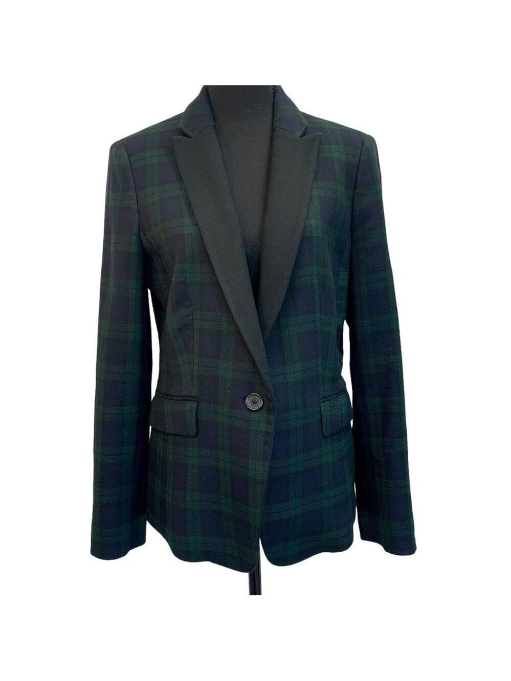 Anne Klein navy blue green tartan plaid check blazer Sz 8